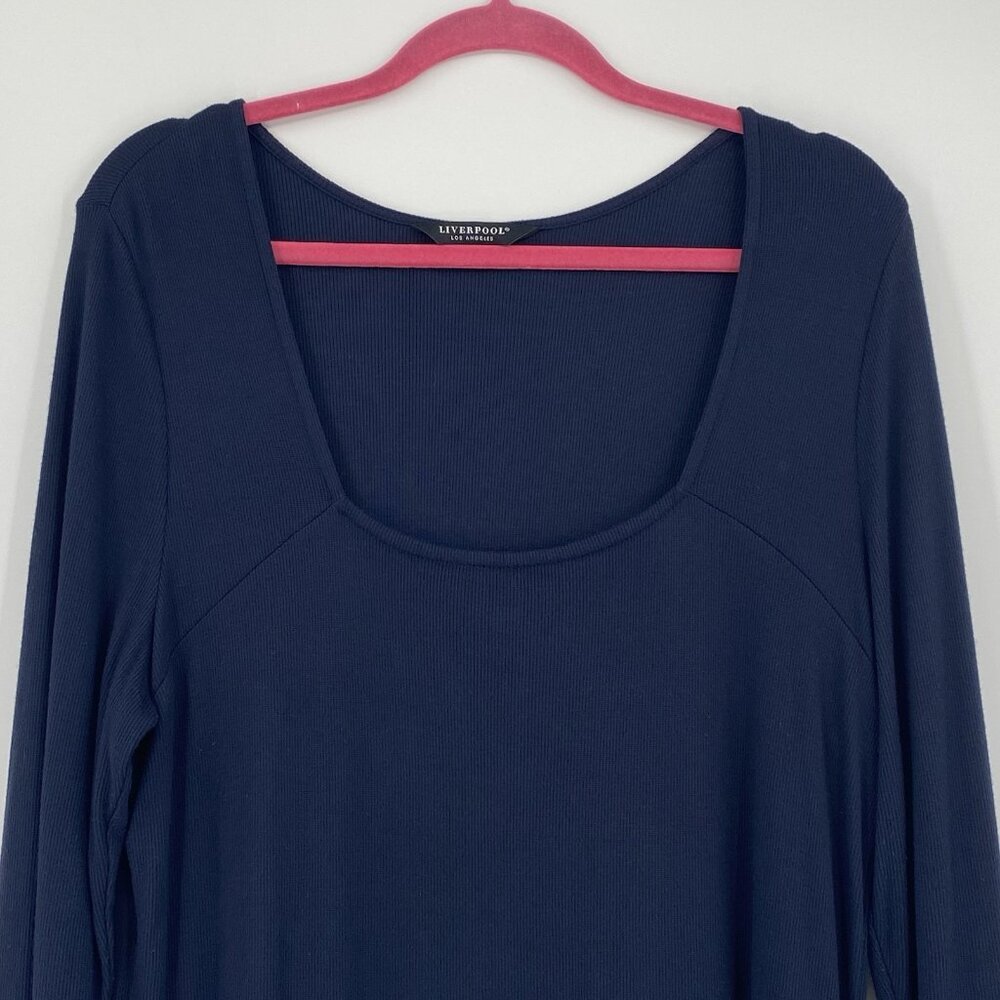 Liverpool Womens XL Square Neck Navy Blue 3/4 Sleeve Ribbed Knit Blouse Office - Picture 5 of 12